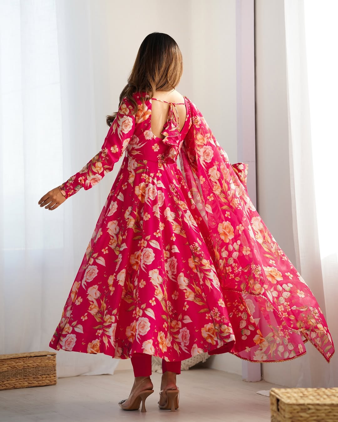Aashvi Soft Organza Anarkali Suit Set – pastel pink fully stitched Anarkali kurta with 4-meter flair and canvas belt, paired with digitally printed micro cotton pants and a shawl-style lace border dupatta, premium soft organza festive suit for weddings, Diwali, Eid, or Raksha Bandhan, stylish and elegant ethnic set for women by Trinaari.